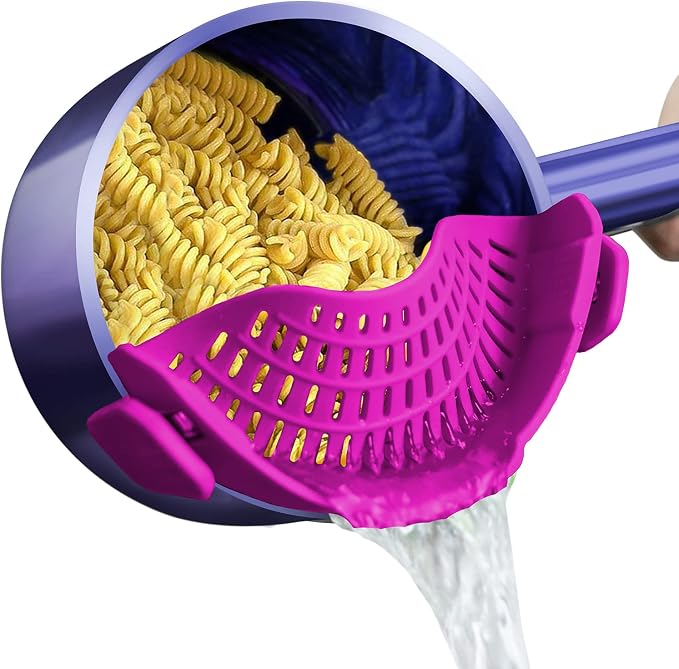 AUOON Clip On Strainer Silicone for Pots, Standard 8.86 x 3.55in, Purple | Food-grade BPA-free, Fits Pots Pans Bowls, Dishwasher Safe, for Pasta Noodles Vegetable Fruits, Space-saving Kitchen Gadget