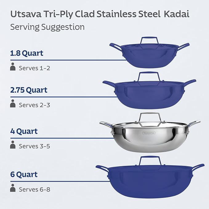 Tramontina Utsava 4-Quart Tri-Ply Clad Stainless Steel Kadai with Lid | Large Kadhai Pot for Indian Cooking