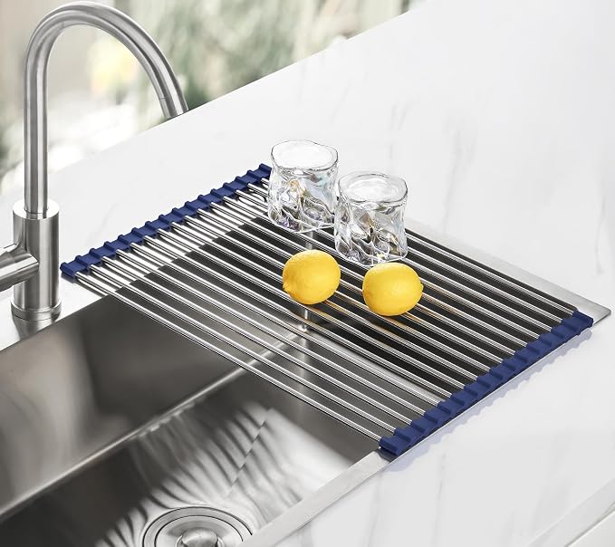 Tomorotec Roll Up Dish Drying Rack Over Sink, 304 Steel, 17.7x12.5, Indigo | Anti-Slip Silicone Rims For Grip, Heat-Resistant Trivet Mat Holding Heavy Cookware, Rustproof Kitchen Counter Space Saver