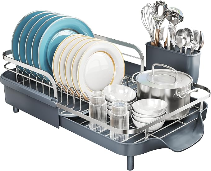 SNTD Expandable Dish Drying Rack for Kitchen Counter, 15.2-22.1 in, Gray | Rust-Resistant Stainless Steel, Protective Side Rails, Self-Draining Drainboard, Removable Utensil Holder