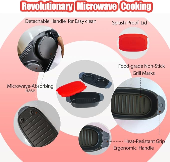 MKYSAIL Quick-Heat Microwave Egg Cooker and 33 OZ Microwave Grill Combo | 2-Piece Breakfast Maker Set for Grilling,Crisping,Bacon,Pancakes & Veggies,Dishwasher Safe,Non-Stick for RV, Dorm, Gift(Red)