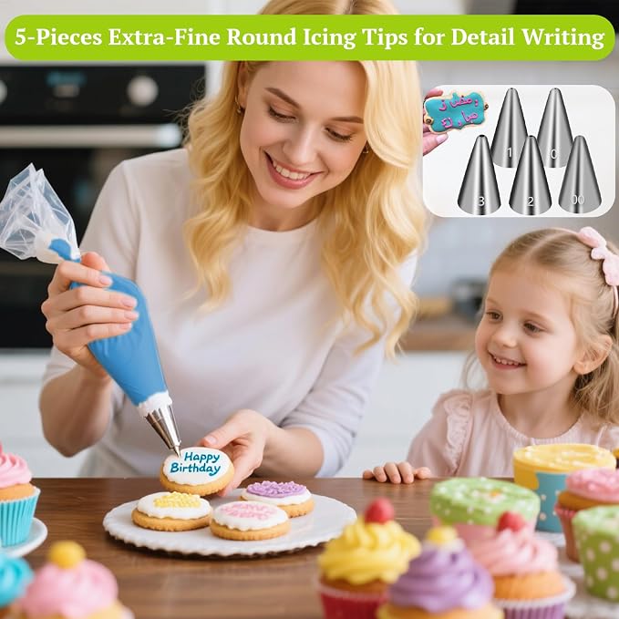 Suuker Extra-Fine Round Piping Tips Set, 5-Piece Cake Decorating Tips | 5 Small Icing Tips for Cake, Cookie and Cupcake Decorating, Cake Writing Tool