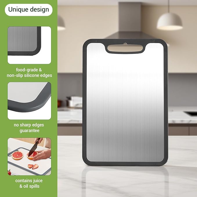 Titanium Cutting Board for Kitchen, 2 Pack, 14.1"x9.7" | 360° Silicone Anti-Slip Edge, Double Sided Food Grade Surface, Non-Toxic, for Raw Meat/Fish/Vegetables/Meal Prep