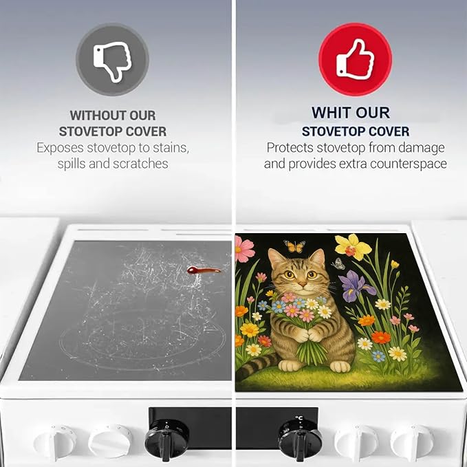 HOMETITUTE Flower Bouquet Cat Stove Top Covers for Electric Stove Cover 28x20 Inches Decorative Glass Cooktop Pad Heat Resistant Stovetop Cover Kitchen Mat for Sinks and Worktops Made with Diatomite
