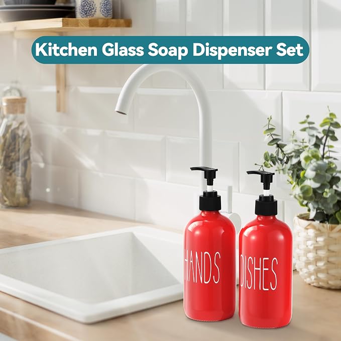 COHOSEGE Glass Soap Dispenser Set 2 Pack,16 Oz Dish Soap Dispenser for Kitchen Sink,Red Kitchen Accessories and Kitchen Decor,Red Decorations and Kitchen Utensils for Kitchen