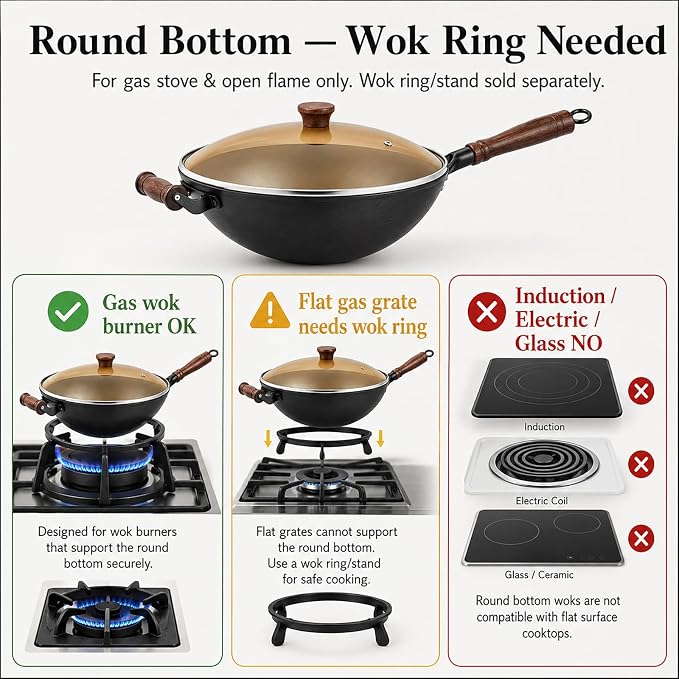 WANGYUANJI 14.17” Cast Iron Wok with Glass Lid – Traditional Round Bottom Chinese Wok for Gas Stove & Open Flame (Wok Ring Required) – Uncoated Clay-Mold “Turtle Shell” Texture – Seasoning Needed