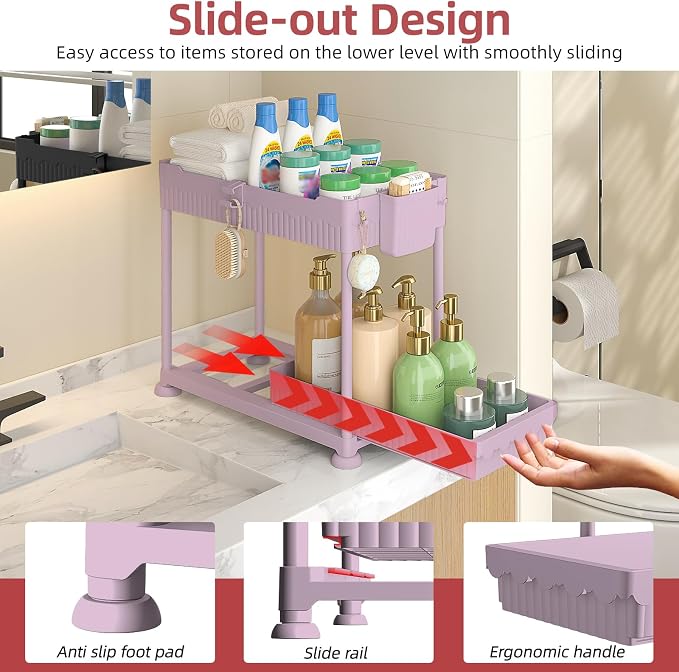 4-Pack 2-Tier Under Sink Organizer with Pull Out Drawers | Multi-use kitchen & bathroom storage. Includes hanging hooks and cups. Pink, space-saving cabinet design. 12.8 Inch