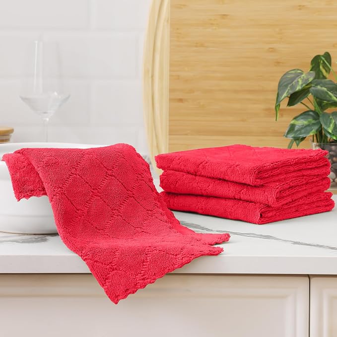 Homaxy 12 Pack Super Soft Absorbent Dish Cloths, 13" x 19", Red | Coral Velvet, Nonstick Oil Fast Drying Microfiber Cleaning Cloth, No Lint Dishcloths for washing and drying
