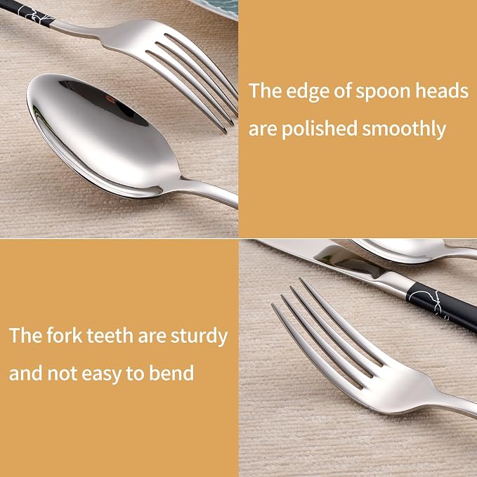 20-Piece Black crack Silverware Set 18/0 Stainless Steel Silverware Set Black crack Handle Cutlery Set Service for 4 Dinner Knives Forks Spoons Set Flatware Set Finish Dishwasher Safe