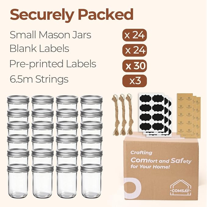 ComSaf 8 oz Mason Jars Bulk Set, 24 Pack Small Regular Mouth Jars with Lids | BPA-Free Materials, Half-Pint Portions, Small Jam, Jelly, Honey Sample, Spice Rack, DIY Candles, For Big Canning Project