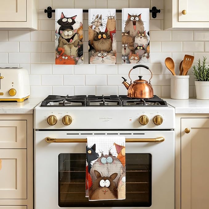 4 Pcs Cute Cat Kitchen Towels, Funny Cats Gifts Absorbent Hand Towels-02 | Cat Dish Cloths for Drying Dishes, Cats Waffle Dish Towels for Kitchen Home Bathroom Decor, Cat Lover Gifts for Women Mom