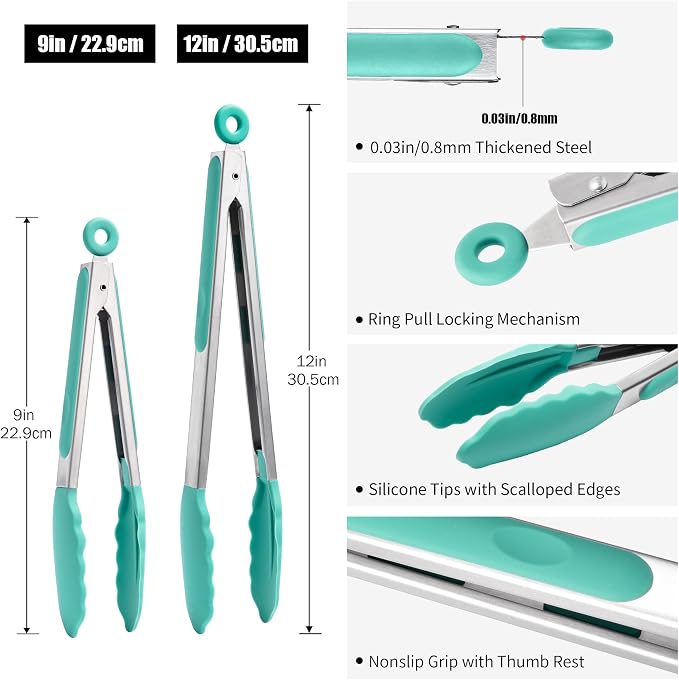 Doosu Kitchen Tongs with Silicone Tips for Cooking Serving (9+12in, Aqua) | 600°F Heat Resistant Food Tong, Heavy Duty Stainless Steel Locking Tong for BBQ, Grilling Steak, Salad, Toast, Pasta