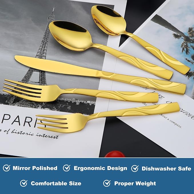 40-Piece Gold Flatware Set for 8 | Grade 430 Stainless Steel Golden Silverware Set, Cutlery Set, including Fork Spoon Knife, Dishwasher Safe