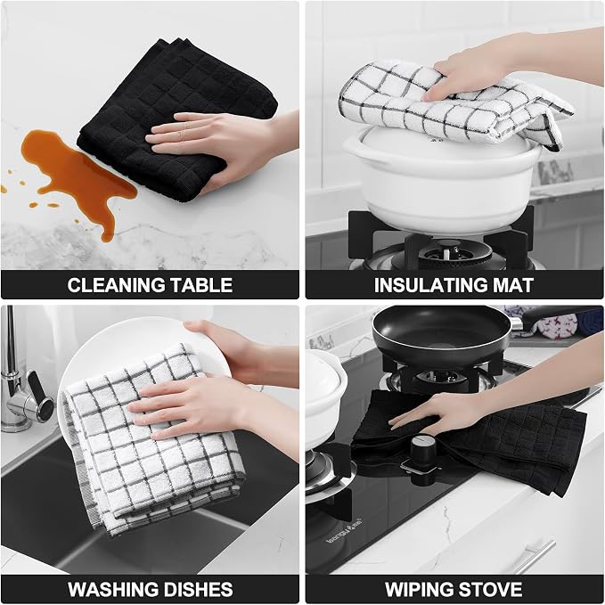 Homaxy Large Premium Cotton Kitchen Towels 16"x 28", 8 Pack, Black | Natural Ring Spun 390 GSM Dish Towels, Super Absorbent Terry Kitchen Hand Towels, Soft Tea Towels with Hanging Loop