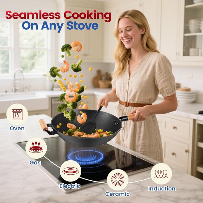 AOSION 13'' Nonstick Wok, Cast Iron Wok with Lid, Wok Pan & Stir-Fry Pans | Chinese Woks Pan With Lid