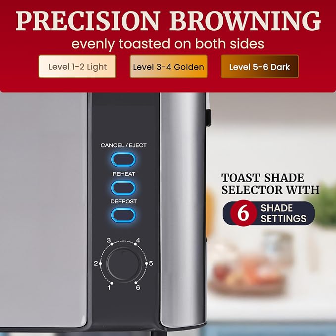 Elite Gourmet ECT3200 2-Slice Slim Toaster, Stainless Steel & Black | 1 Long Slot, 6 Toast Settings, Reheat, Defrost & Cancel, Built-In Warming Rack, Extra-Wide Slots Fit Bagels & Waffles