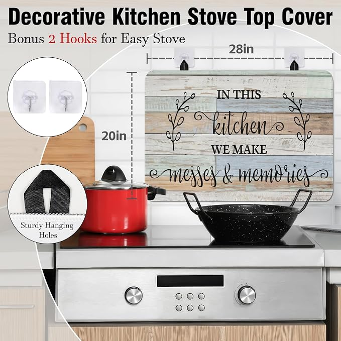 Farmhouse Glass Stove Top Cover for Electric Stoves,Kitchen Rules Wooden Blue Farmhouse Stove Top Cover for Kitchen Decor,Heat Resistant Cooktop Protector Mat,Non-Slip Washable Dish Drying Mat 28"x20"