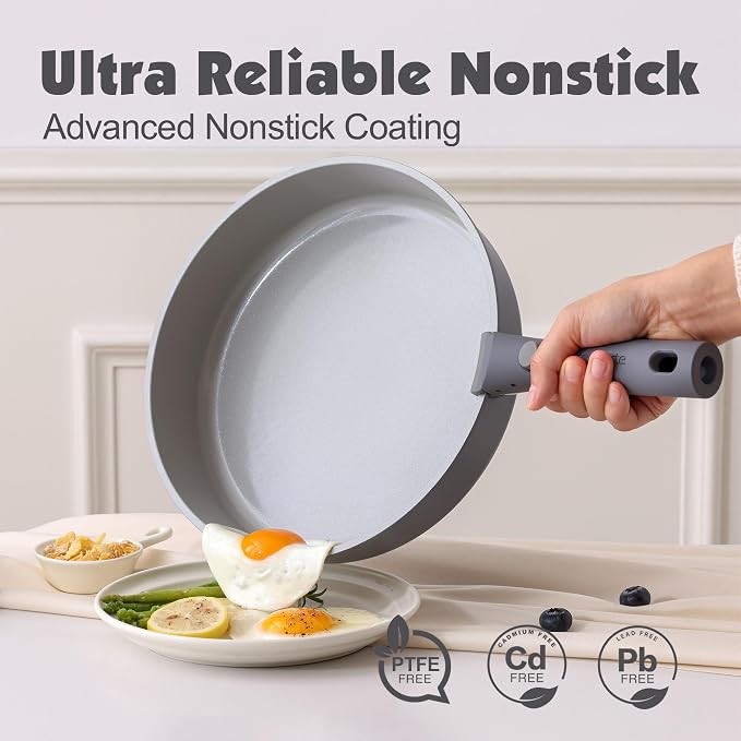 SENSARTE 17 Piece Ceramic Detachable Handle Pots and Pans Set Gray | Ceramic Cookware Set, Induction Cookware Set with Removable Handle, Healthy Non Stick for RV, Dishwasher ＆ Oven Safe
