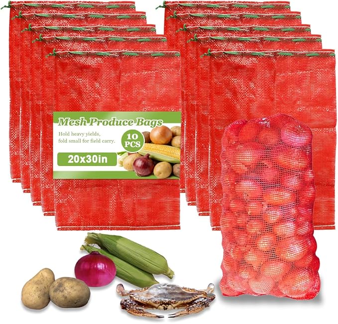 10Pcs 31''x20'' Extra Large Mesh Produce Bags, Red Storage Bag for Onions | Heavy-Duty Mesh Bags,Holds Up to 33 lbs for Storing Onions, Potatoes, Fruits, Crawfish, Seafood and Firewood Storage