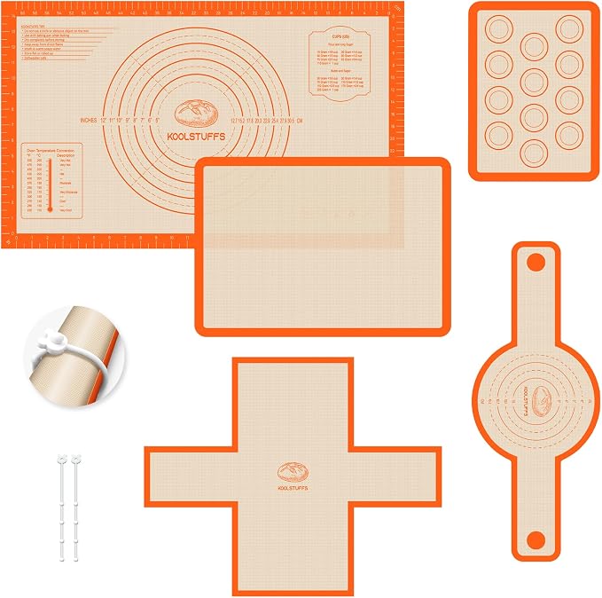 Silicone Baking Mat Set of 5, Nonstick & Reusable | Pastry Mat, Silicone Bread Sling & Loaf Pan Liners for Bread, Macaron Baking Mat for Cookie, Macarons