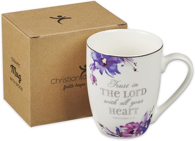 Christian Art Gifts Scripture Ceramic Encouraging Coffee and Tea Mug for Women: Trust in the Lord - Proverbs 3:5 Inspirational Bible Verse Cup for Hot and Cold Beverages, White & Purple Floral, 12 oz.