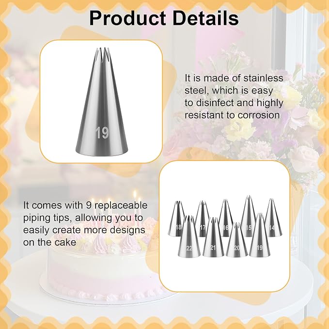 10 Pcs Open Star Piping Tips Set, French Star Tube Frosting Nozzle Kit with Coupler, Stainless Steel Cake Decorating Tips for Cupcakes, Cookies, Pastries, Homemade Desserts and Home Bakers (Star)