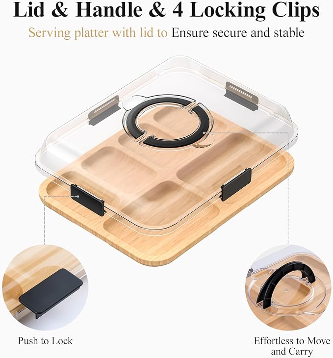 Portable Bamboo Charcuterie Board with Lid, 6 Compartments | Includes Knife Set, Plates, Forks & Handle, Travel Serving Tray Platter for Cheese, Meat, Fruit, Housewarming Gift for Women