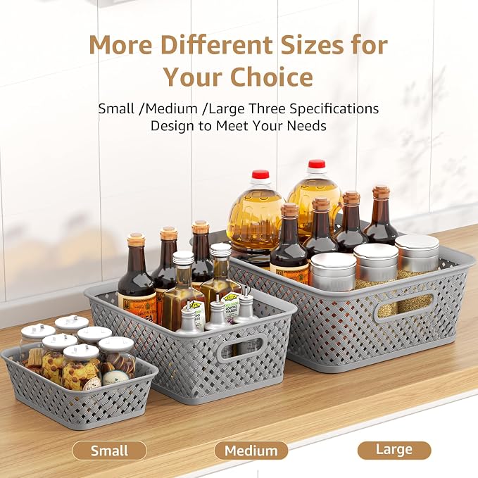 MaxGear 3 Pack Plastic Storage Baskets, Medium, Grey | Durable Woven Plastic with Built-In Handles, Suitable for Shelves, Closets, Cabinets, Bathrooms and Offices