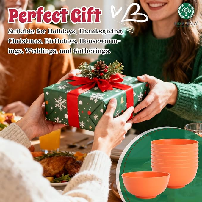 Large Bowl Set of 8, 60 oz Orange Wheat Straw Bowls, Unbreakable & Microwave Safe, Big Soup and Salad Bowls for Wedding, Party, Camping, Family Dining