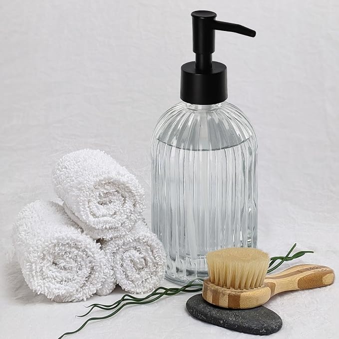 Topsky Glass Soap Dispenser with Plastic Pump, 400ml Liquid Hand Soap Dispenser, Rustproof Pump for Kitchen & Bathroom, Great for Lotions, Essential Oil, Liquid Soaps,Transparent