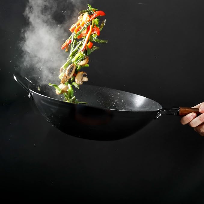 Babish Carbon Steel Wok 14 Inch Flat Bottom Stir Fry Pan Durable Heavy Duty Cookware for High Heat Cooking Stir Fry Sautéing Frying Compatible with Gas Electric and Induction Stovetops