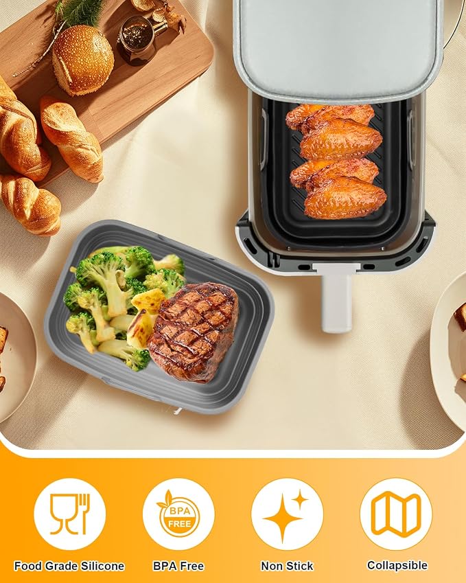 Air Fryer Silicone Liners Collapsible for bella 6Qt(5lb) Slim Air Fryer | 2-Pack Reusable Airfryer Silicone Pot Baking Basket Insert Accessories, Non Stick, Easy Cleaning, Gray+Black