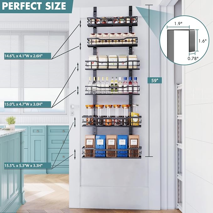Eastherry Over The Door Pantry Organizer，6-Tier Over The Door Organizer with Adjustable Basket，Metal Hanging Pantry Organizers and Storage for Kitchen, Back of Door Seasoning Rack (Black)