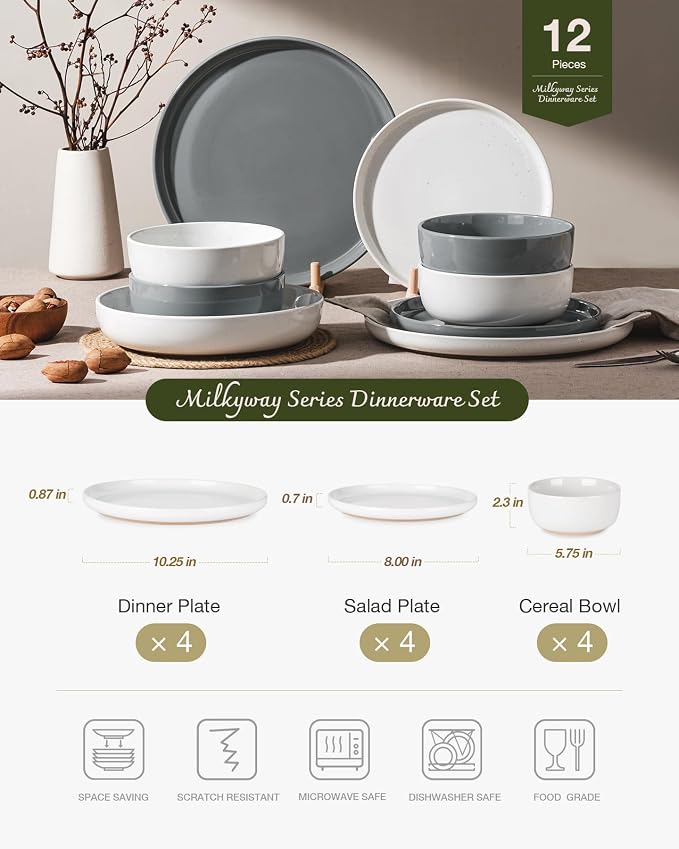 Famiware Milkyway 12-Piece Stoneware Dinnerware Set, White & Dark Gray | Plates and Bowls for 4, Dishes Set for Everyday & Formal Use, Microwave & Dishwasher Safe, Chip & Scratch Resistant