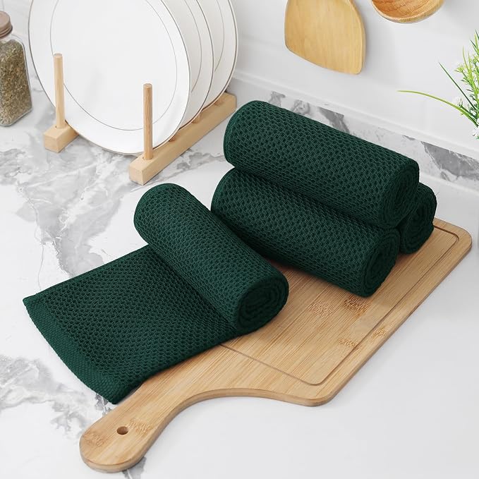 Kitinjoy Cotton Waffle 8-Pack Kitchen Towels, 13" x 28", Blackish Green | Super Soft, Ultra-Absorbent, Fast Drying, lightweight, Quick Drying Kitchen Hand Towels