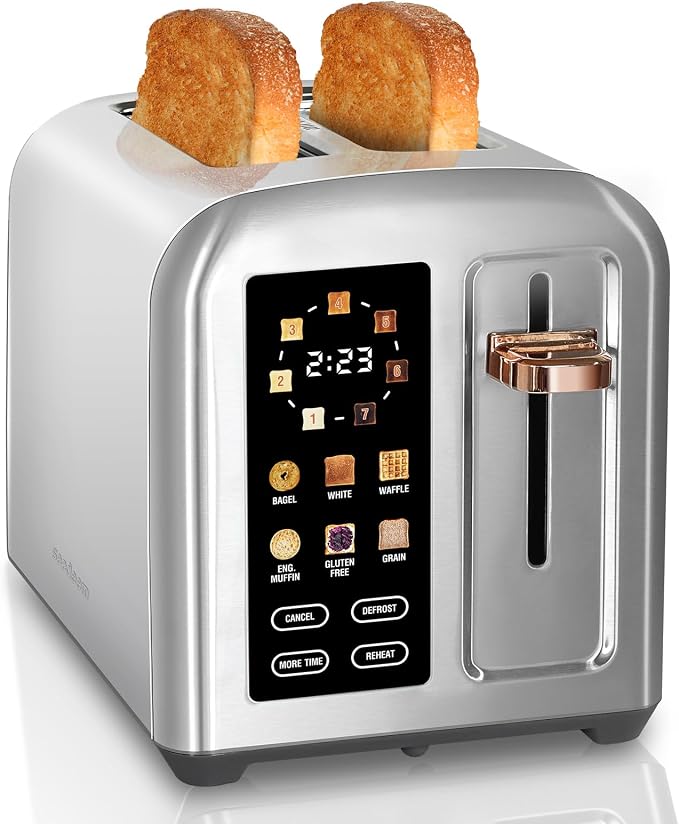 SEEDEEM 2 Slice Stainless Steel Toaster, Touch LCD, 7 Shade, 1350W | 6 Bread Type, 7 Shade Setting, 1.5''Wide Slots, Removable Crumb Tray