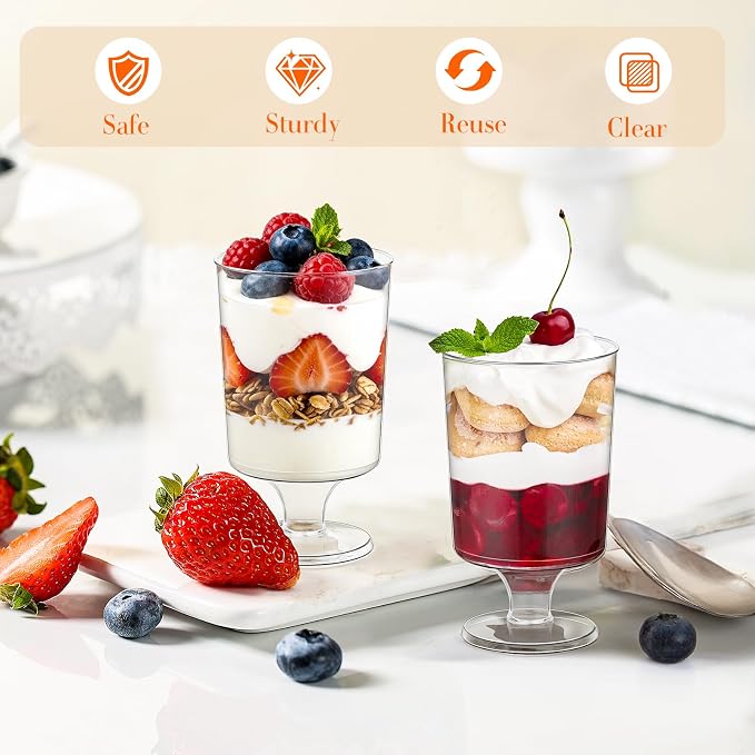 mwellewm 120 Pcs Dessert Cups with Spoons 60 Pcs 4 OZ Mini Clear Plastic Dessert Parfait Cup 60 Pc Spoons for Party Small Round Serving Goblet Wine Shot Disposable Mousse Pudding Appetizer Bowl