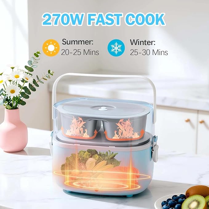 Electric Cooking Lunch Box, 270W Portable Food Warmer | 33.8 Oz, 304 Stainless Steel Inner Double-layer Design, Cool-touch Handle, One-key Start, for Office Dorm Camping