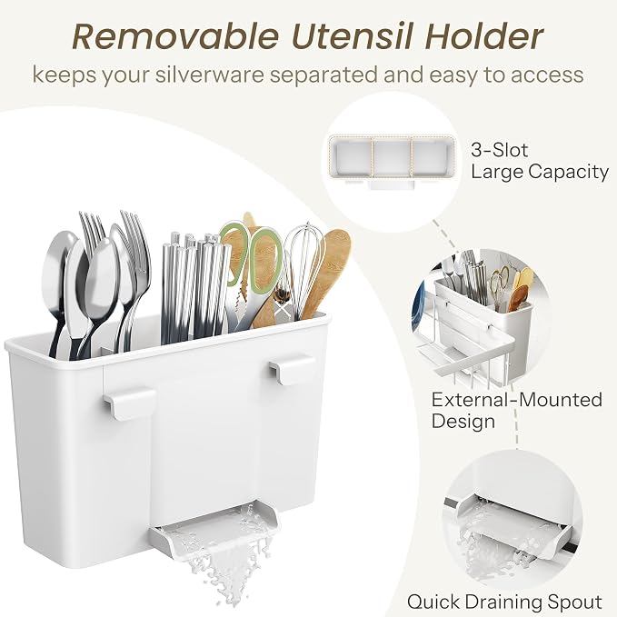 SNTD Dish Drying Rack for Small Kitchen Counter, 11" W x 15" L, White | Space Saving, Rotating Spout & Angled Drainboard for Quick Drainage, Stainless Steel, Removable Utensil Holder