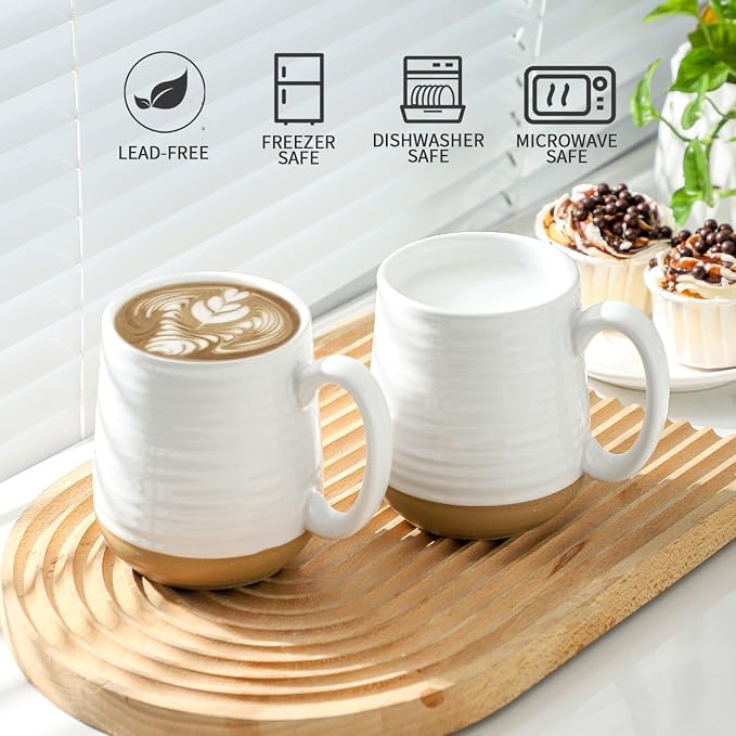 HASENSE Porcelain Coffee Mugs Set of 6, 15 Ounce Large Ceramic Coffee Cups Set with Handle for Latte, Tea, Cocoa and Hot Chocolate, White Coffee Mugs for Men and Women, Microwave Safe