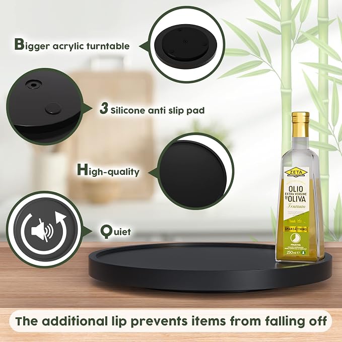 Lazy Susan for Table, 12 Inch Non-Skid Bamboo Turntable Organizer | Salt Pepper Spices and Olive Oil Next to Stove, Wooden Rotating Tray for Kitchen Countertop Organizer, Black