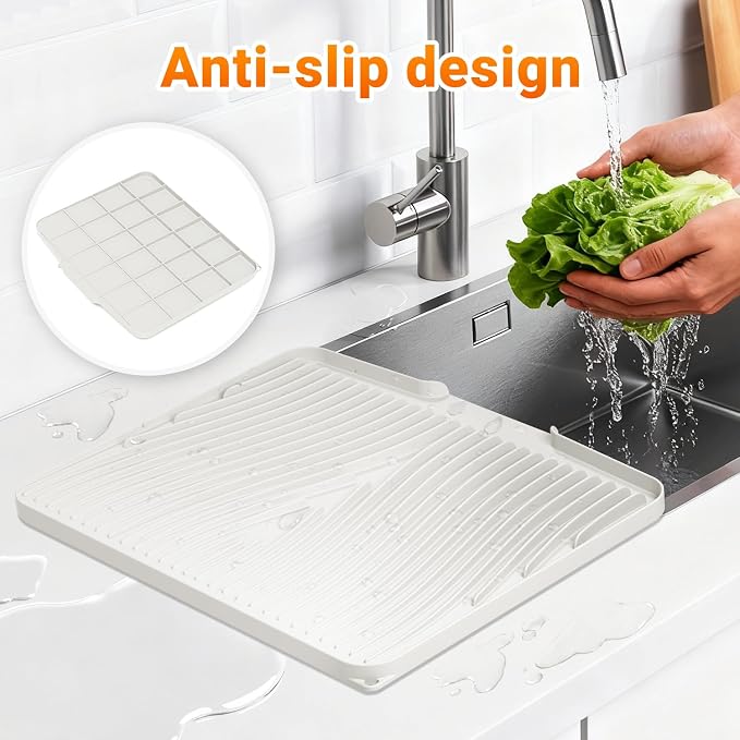 Silicone Dish Drying Mat for Kitchen counter | 15.8"x13" Dish Drainer Mat,Heat-Resistant Kitchen Counter Mat & Over-Sink Drying Tray,Can Be Hung, Cream