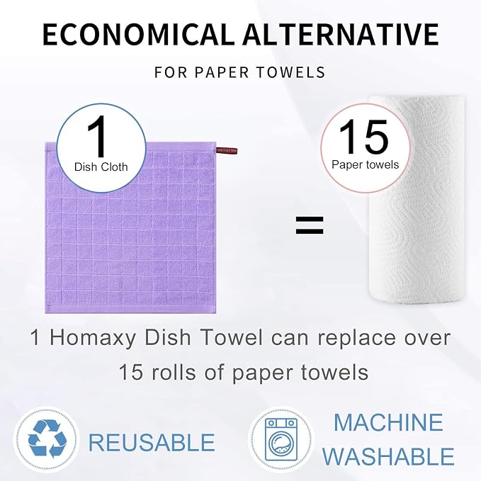 Homaxy 100% Cotton Terry Kitchen Dish Cloths, 6 Pack, Lavender | Ultra Soft and Absorbent, Suitable for Drying and Washing Dishes