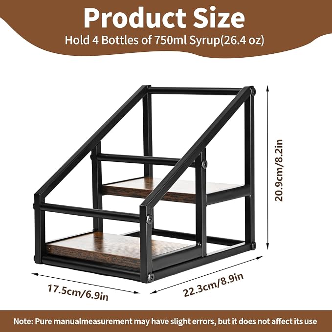 YQBRAO 2-Tier Coffee Syrup Organizer, 4-Bottle Rack, Rustic Brown | Holds 4 bottles in a narrow two-tier footprint for small counters, coffee corners, apartments, and bar carts.