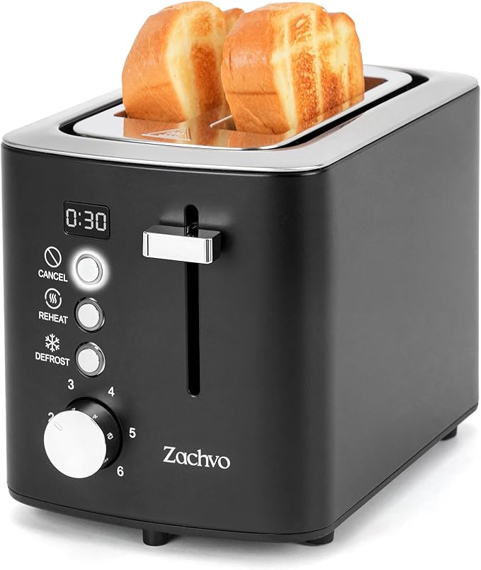 2 Slice Toaster with Countdown Timer, Wide Slots Fits Thick Bread & Bagel | 6 Browning Levels, Defrost, Reheat & Cancel, Removable Crumb Tray, Compact Design for Everyday Breakfast