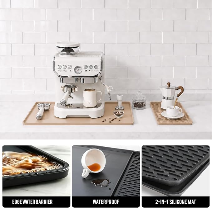 Caketime 2 In 1 Silicone Coffee Bar Mat Accessories for espresso Machine with Detachable Dish Drying Rug Waterproof Kitchen Office House Gadgets Under Sink Drainer 2026 Must Haves 16"x16" Beige