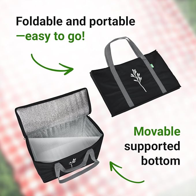 Green Bulldog 2Pack Insulated Grocery Bags – Foldable Reusable Cooler Bags with Handles for Everyday Use, Groceries, Food Delivery, and Shopping – 16”x9”x13”, Black