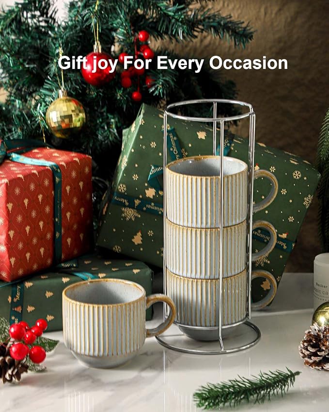 HASENSE Coffee Mug Ceramic Set of 4 with Stand - 15 oz Rustic Farmhouse Stackable Ribbed Latte Cup Set for Cappuccino, Tea, Hot Cocoa, Drinks - Dishwasher & Microwave Safe, Lavender Gray