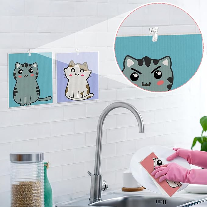 6 Pack Swedish Dishcloths for Kitchen, Cat Gifts for Cat Lovers Swedish Rag | Absorbent Dish Cloth with Adhesive Clips, Reusable Paper Towels No Odor for Countertop Sink Kitchen Cat Mom Gift for Women