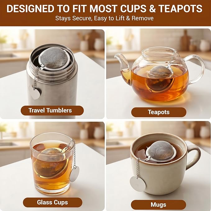 Tea Infuser for Loose Leaf Tea, 2 Pack Stainless Steel Tea Ball | 2 inch extra fine mesh tea strainer with 304 stainless steel, 2 heart charms, 2 round charms and tea scoop clip
